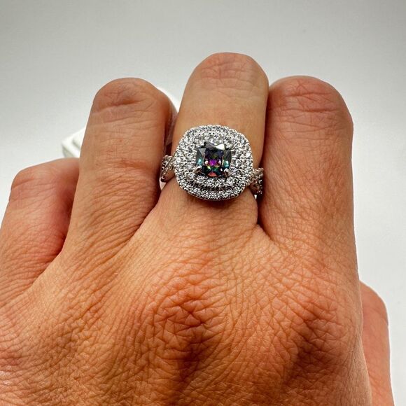 NWT Bomb Party, cushion cut "mystic topaz" ring w/ double halo of cz diamonds! - Picture 8 of 10